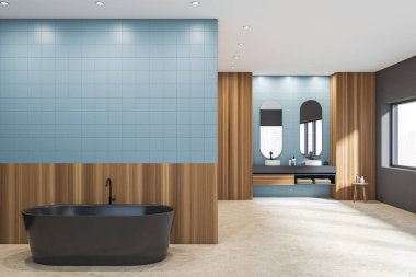 Siyah küvetli banyo ve aynalı lavabo, havlulu masa ve şehir manzaralı pencere. Bej beton zemin ve ayak havlusu. Boşluk boş kiremit duvarını kopyala, 3B oluşturma