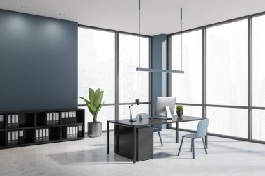 Ofis içi boş mavi duvar, alçak raflar, doğrusal ışık, masa, iki sandalye ve beton zemin. Modern tasarım kavramı. Köşe manzarası. 3d oluşturma