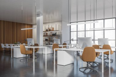 Singapur şehir manzaralı panoramik pencereli, parlak ofis odasının içi, koltuklar, masaüstleri, klasörlü raflar ve beton döşemeli. Çalışma için uygun bir yer. 3d oluşturma