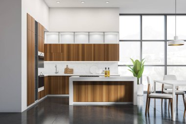 Koyu fayanslarla döşenmiş koltukları ve masası olan modern yemek odaları, kırsal alanlı panoramik pencereler. Ahşap mutfak seti ve minimalist mobilyalar. 3B görüntüleme