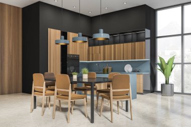 Bej döşemeli, yan manzaralı, kırsal pencereli, koltuklu ve masalı modern yemek masası. Ahşap mutfak seti ve minimalist mobilyalar. 3B görüntüleme