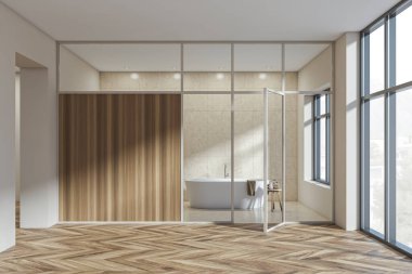 Banyo içi küvet ve masa ile kaplı cam kapılar ardında havlular, fayanslı duvarlar. Kırsal ve parke zeminli panoramik pencere. Boşluğu kopyala boş ahşap duvar, 3B görüntüleme