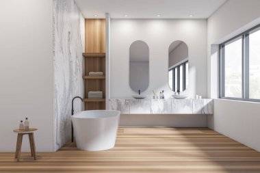 İki lavabo, banyo küveti, oval aynalar, şehir manzaralı pencere, beyaz duvarlar, havlulu raflar ve sıvı sabun. Hijyenik ve spa prosedürleri kavramı. 3d oluşturma