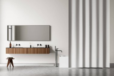 Beyaz banyo içi iki lavabo ve ayna, masa ve ayak havlusu. Beyaz duş perdesinin arkasında küvet, gri beton zemin. 3B görüntüleme