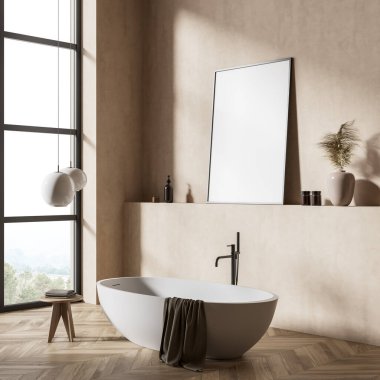 Banyo içi parke zemininde küvet, yan görüş kırsal alanda panoramik pencere. Güverte aksesuarlarla ve masa havlularla dolu. Bej duvara dayalı bez tuval, 3B görüntüleme