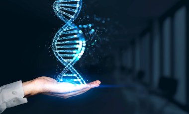 Erkek eli yakın plan, koyu arka planda mavi bir DNA tutuyor. DNA yapısı ve hücreler, Bokeh ışıkları. Biyoteknoloji, bilim ve genetik materyal kavramı. Tıp ve yenilik