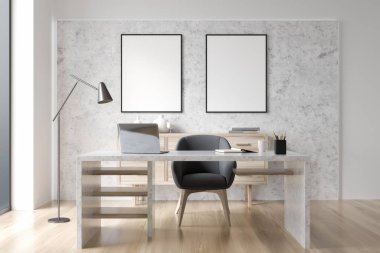 Modern beyaz ve gri ofis içinde, içinde yönetici masası, büfesi, koltuğu ve ahşap zemini olan beton duvarda iki boş model tuval. Modern çalışma alanı kavramı. 3d oluşturma