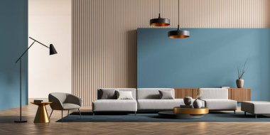 Şık mavi ve bej renkli bir misafir odası. Kanepe ve dekorasyonlu klozet, parke zeminde kahve masası. Minimalist rahatlama alanı ve lambalı koltuk, 3D görüntüleme