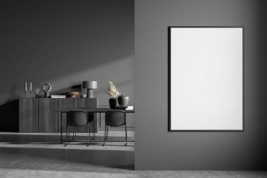 İçerisi gri beton zeminde siyah koltuklarla dolu, içi kitaplarla ve dekorasyonla dolu ahşap bir tuvalet. Mobilyalı minimalist dinlenme odası. 3 boyutlu görüntüleme, duvardaki çerçeveyi düzenle