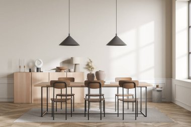 Şık bej okuma odası içinde sandalyeler ve halıda ahşap masa, kitaplar ve vazolarla klozet, parke zemin. Pencereli minimalist kitaplık alanı, 3B görüntüleme