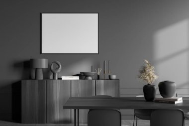 Okuma odasının içinde gri beton zeminde siyah koltuklar, sanat dekorasyonlu siyah ahşap klozet. Mobilyalı minimalist dinlenme odası. 3 boyutlu görüntüleme, duvardaki çerçeveyi düzenle