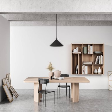 Beyaz misafir odasının içinde sandalyeler, ahşap masa, kitaplar ve vazolarla dolu raf, gri beton zemin. Tahta mobilyalı minimalist kütüphane alanı, 3 boyutlu görüntüleme