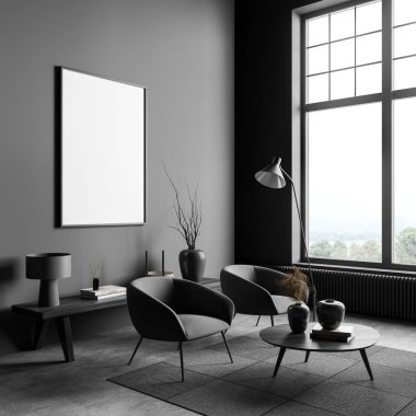 İçi iki koltuk ve sehpası olan bir kitap ve dekorasyonu olan siyah bir raf, kırsal alanda gri beton zemin olan bir pencere. Duvardaki boş çerçeveyi, 3 boyutlu görüntülemeyi düzenle