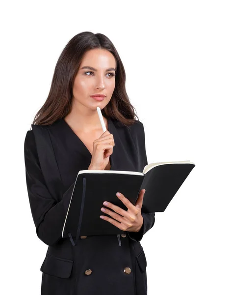 Office Woman Boss Suit Holding Journal Pen Chin Thoughtful Look — стоковое фото