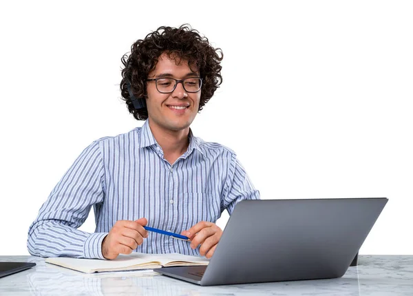 Smiling Handsome Businessman Wearing Formal Shirt Having Online Video Conference — Stock Photo, Image