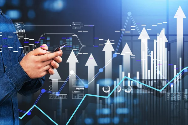 Ofisteki Adam Akıllı Telefon Kullanıyor Yakın Çekim Satır Istatistik Simgeleriyle — Stok fotoğraf