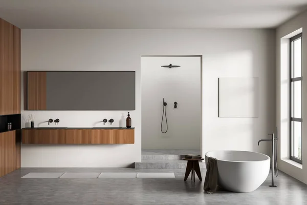 White Bathing Room Interior Tub Grey Concrete Floor Foot Towel — Stok fotoğraf