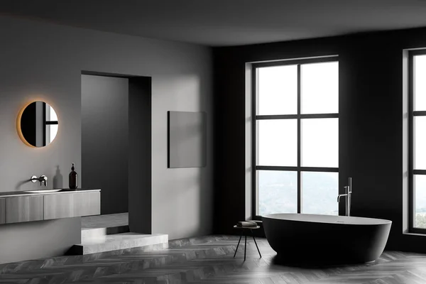 Grey Bathing Room Interior Tub Dark Parquet Floor Sink Mirror — стоковое фото