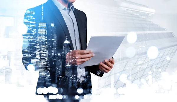 Office Man Black Suit Reading Financial Report Hands Holding Papers — Stockfoto