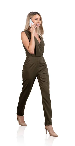 Office Woman Jumpsuit Happy Smile Walking Talking Secretary Making Plans — 图库照片