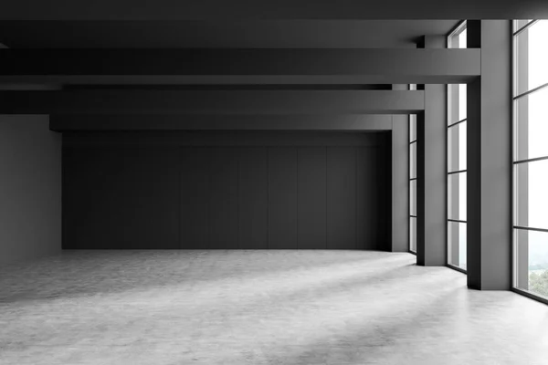 Salón Oscuro Apartamento Con Suelo Gris Pared Negra Vista Frontal — Foto de Stock