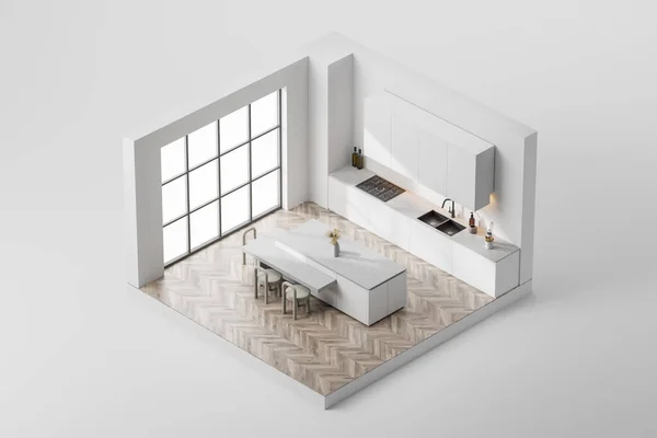 Isometric top view of dining interior with three seats and table on parquet floor, panoramic window. Light kitchen set with minimalist furniture. 3D rendering