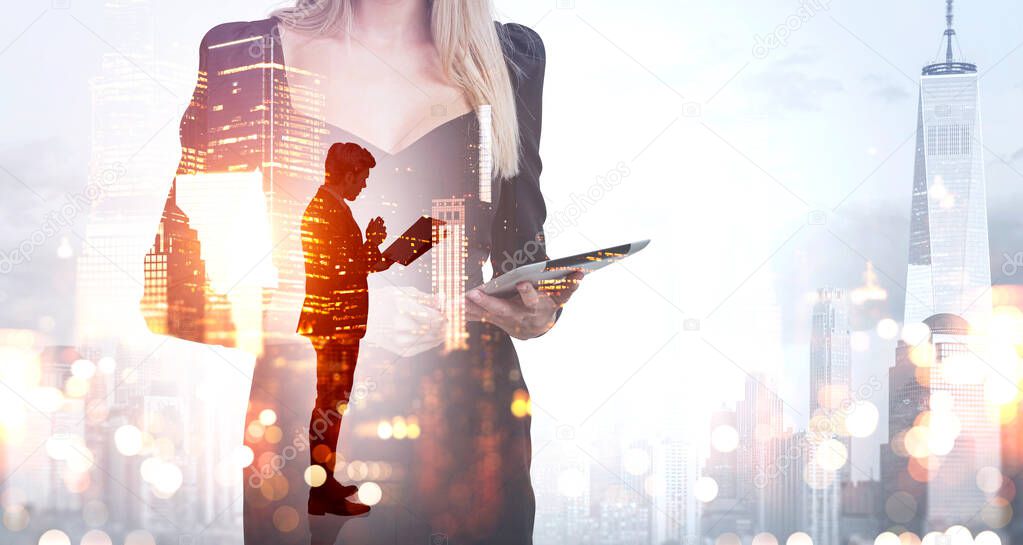 Office woman using digital device, silhouette of businessman reading business report, double exposure of New York city view and bokeh lights. Concept of network and partnership