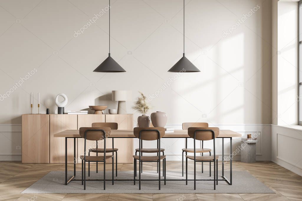 Stylish beige reading room interior with chairs and wooden table on carpet, commode with books and vase, parquet floor. Minimalist library space with window, 3D rendering