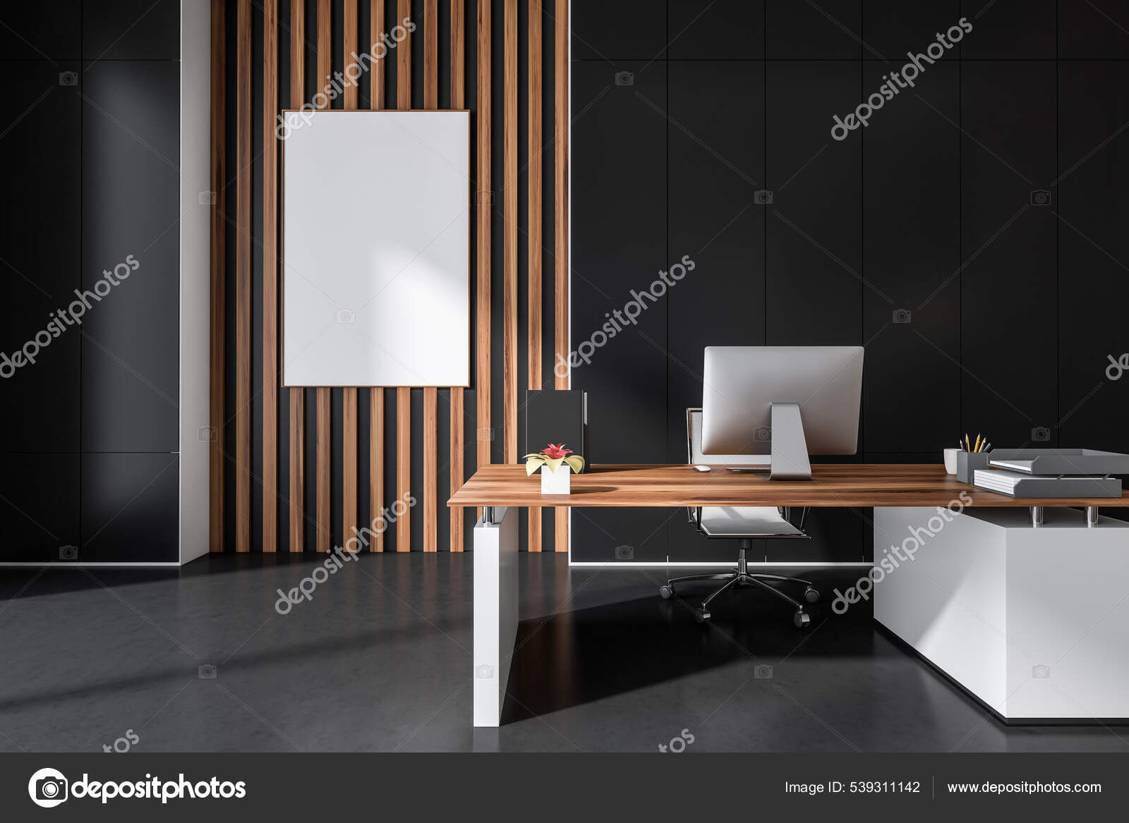 Empty Frame Wood Wall Panels Dark Grey Office Interior Personal Stock