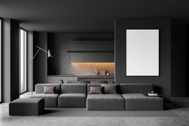 İçi boş beyaz poster, kanepe, elektrikli fırın kırsal manzaralı panoramik pencere ve beton zemin ile dolu karanlık mutfak odası. Minimalist tasarım kavramı. Model yap. 3d oluşturma