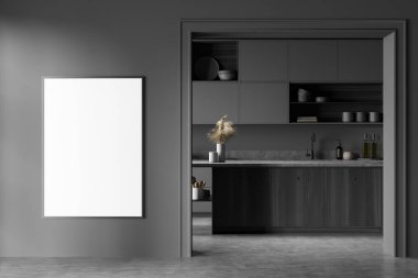 Güvertede raflar, mutfak gereçleri, lavabo ve dekorasyon olan karanlık bir yemek odası. Mokup fotoğraf çerçevesi menüsü ve tarifi, gri beton zemin, 3D görüntüleme