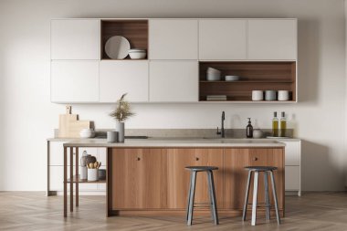 Beyaz ve ahşap yemek odası. Masa, güverte, yağ şişesi, ön manzara. Fırın tabakla, raf tabakla. Modern dairede aşçılık alanı, 3D görüntüleme