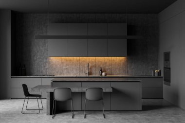 Dolaplı karanlık mutfak odası, elektrikli ocak, çift fırın, üç sandalyeli masa, gri duvar, lavabo, yağ ve beton zemin. Minimalist tasarım kavramı. 3d oluşturma