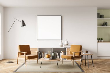 İçi iki koltuk ve lamba, kahve masası ve klozet, kitaplar, dekorasyon, halı ve parke zemin. Boş tuval, duvarda maket yap, 3 boyutlu görüntüleme