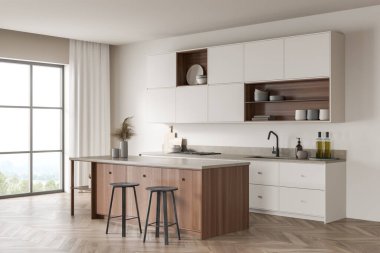 Beyaz ve ahşap yemek odası. Masa, güverte, yağ şişesi, yan görüş. Fırın tabakla, raf tabakla. Kırsal alanda pencere, 3B oluşturma