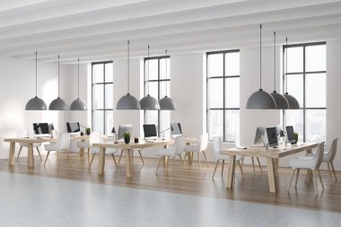 Koltuklarla ahşap iç mekan, masaüstü bilgisayarı sıra, yan görünüş, parke zemin. Teknolojili ofis minimalist alanı, Singapur binalı pencere, 3D görüntüleme