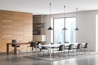 Beyaz duvarları, ahşap bölmesi, gri zemin, masa ve ofis masası olan toplantı odasının köşesi. Modern iç tasarım kavramı. 3d oluşturma