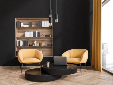 İki rahat koltuğu, panoramik penceresi, kitap ve çanak çömlekli rafları, perdesi, ev bitkisi ve ahşap parke zemini olan karanlık toplantı odası. Okumak için mükemmel bir yer. 3d oluşturma