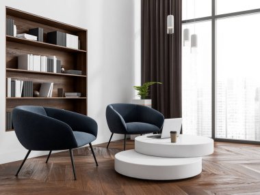 İki rahat koltuk, panoramik pencere, kitaplı raflar ve çanak çömlek, perde ve parke zemin. Okumak için mükemmel bir yer. 3d oluşturma