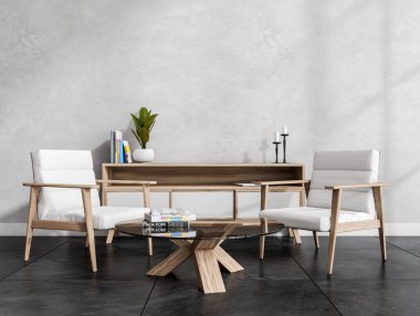 İki rahat beyaz koltuklu parlak oturma odası, kitaplı kahve masası, saksı, büfe, mumlar ve beton zemin. Buluşup beklemek için mükemmel bir yer. 3d oluşturma