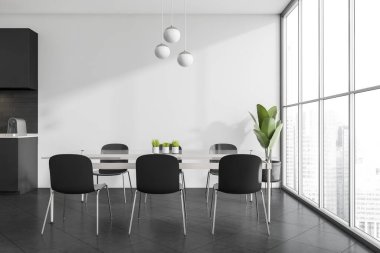 Karanlık mutfak odası içi boş beyaz duvar, panoramik pencere, altı sandalyeli yemek masası, kahve makinesi ve beton döşeme. Minimalist tasarım kavramı. Model yap. 3d oluşturma