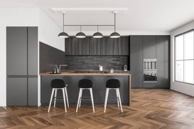 İçinde üç bar sandalyesi ve parke zemininde masa, mutfak gereçleri ve fırın olan modern yemek malzemeleri, ön manzara. Şehir görünümlü panoramik pencere, 3B görüntüleme