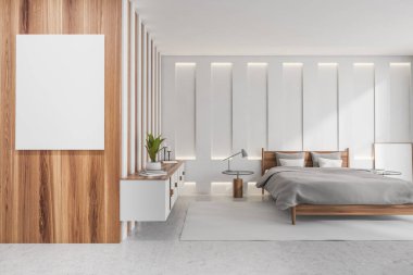 Açık ahşap yatak odası, içinde yatak ve gri çarşaflar, ön manzara, süslemeli tuvalet. Halılı gri beton zemin. Ahşap duvardaki çerçeve, 3 boyutlu görüntüleme