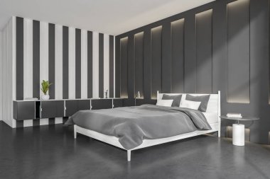 Karanlık yatak odasının içi, çarşaf ve yastıklı yatak yan görünüş, dekorasyon ve bitkilerle klozet. Beton zeminde kitapları olan bir komodin. 3B görüntüleme