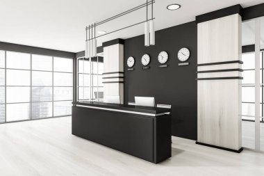 Beyaz ahşap resepsiyon odası içinde iki bilgisayar, yan görüş, siyah duvarda saatler. Ofis masası parke zemininde resepsiyon girişi, panoramik pencere şehir görünümünde, 3D görüntüleme