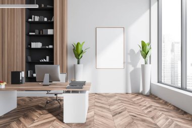 Ofis aletleriyle dolu masa ve masaüstü olan bir iş odası. Kitaplı ve dekoratif raflar, bitkilerle parke döşemeler ve şehir manzaralı pencereler. Çerçeveyi beyaz duvara yapıştır, 3B görüntüleme