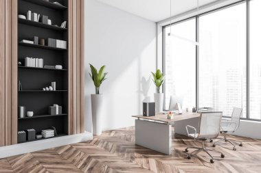 Koltuklu danışma odası dekorasyonlu raf, parke zemin, şehir manzaralı panoramik pencere. İki bitki ve lamba, yan görüş. Boşluk boş beyaz duvarı kopyala, 3B oluşturma