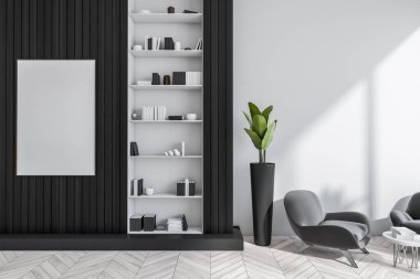 Bekleme odasında siyah koltuklar ve kahve masası, kitaplı raf rafı ve dekorasyon, beyaz parke döşeme. Ahşap duvara üç boyutlu bir çerçeve ekin ve taklit edin.