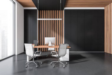Kişisel masası olan koyu gri ofis, ziyaretçiler için koltuklar, minimalist tarz dolaplar, doğrusal ışık, zarif ahşap paneller ve beton zemin. Modern tasarım kavramı. 3d oluşturma