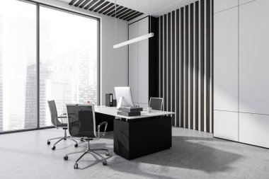 Açık gri ofis içi yönetici masası, ziyaretçiler için koltuklar, panorama manzarası, minimalist dolaplar, doğrusal ışık, ahşap paneller ve beton zemin. Modern tasarım kavramı. 3d oluşturma